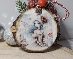 Vintage Christmas Candy Cane Fairy  Wood Slice Ornaments – Handcrafted Rustic Holiday Keepsakes
