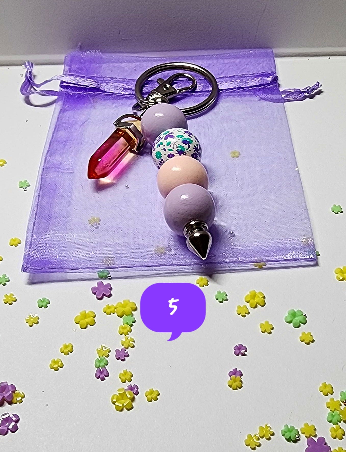 Pastel floral beaded keychain with glass accent  crystal
