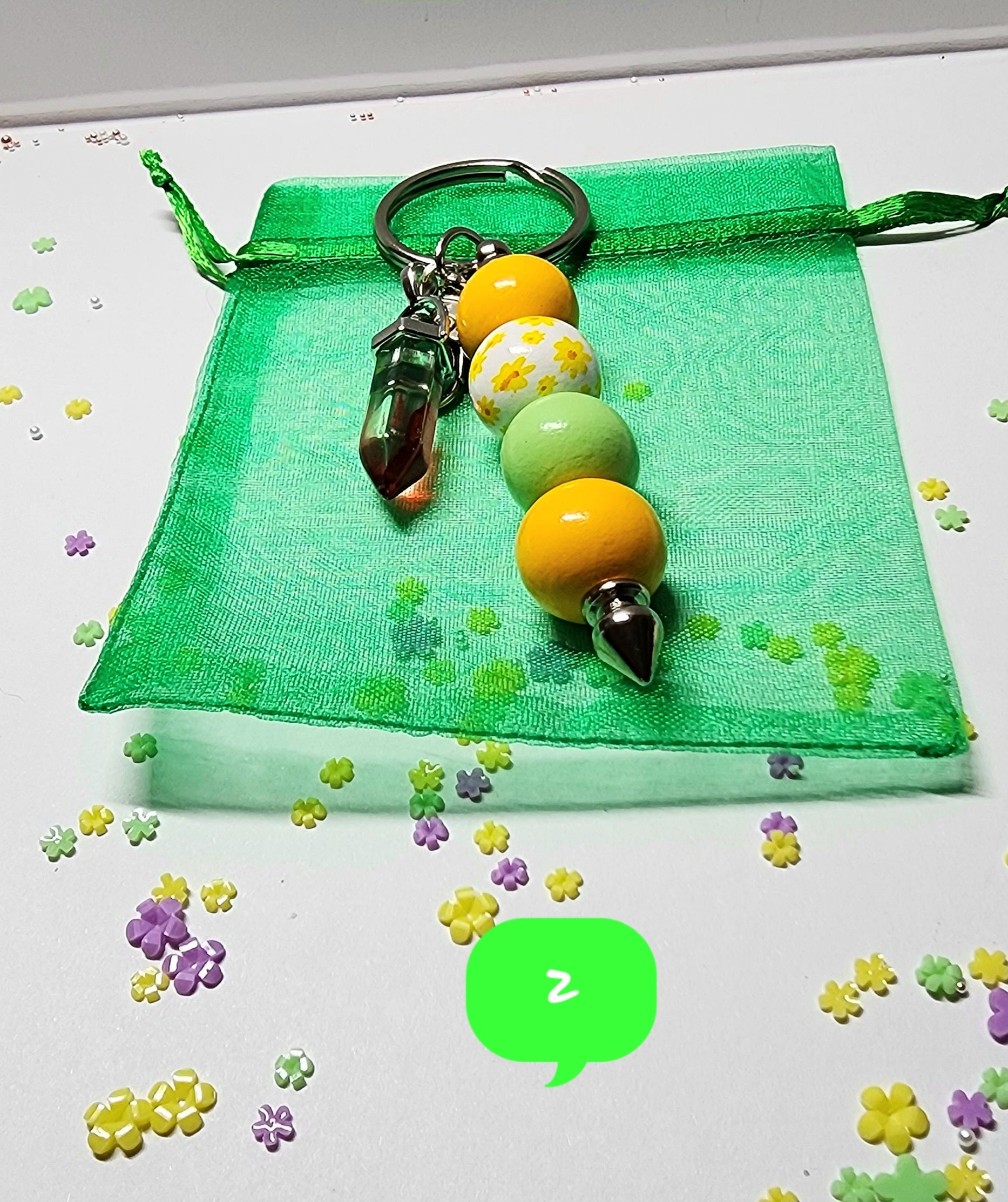 Pastel floral beaded keychain with glass accent  crystal