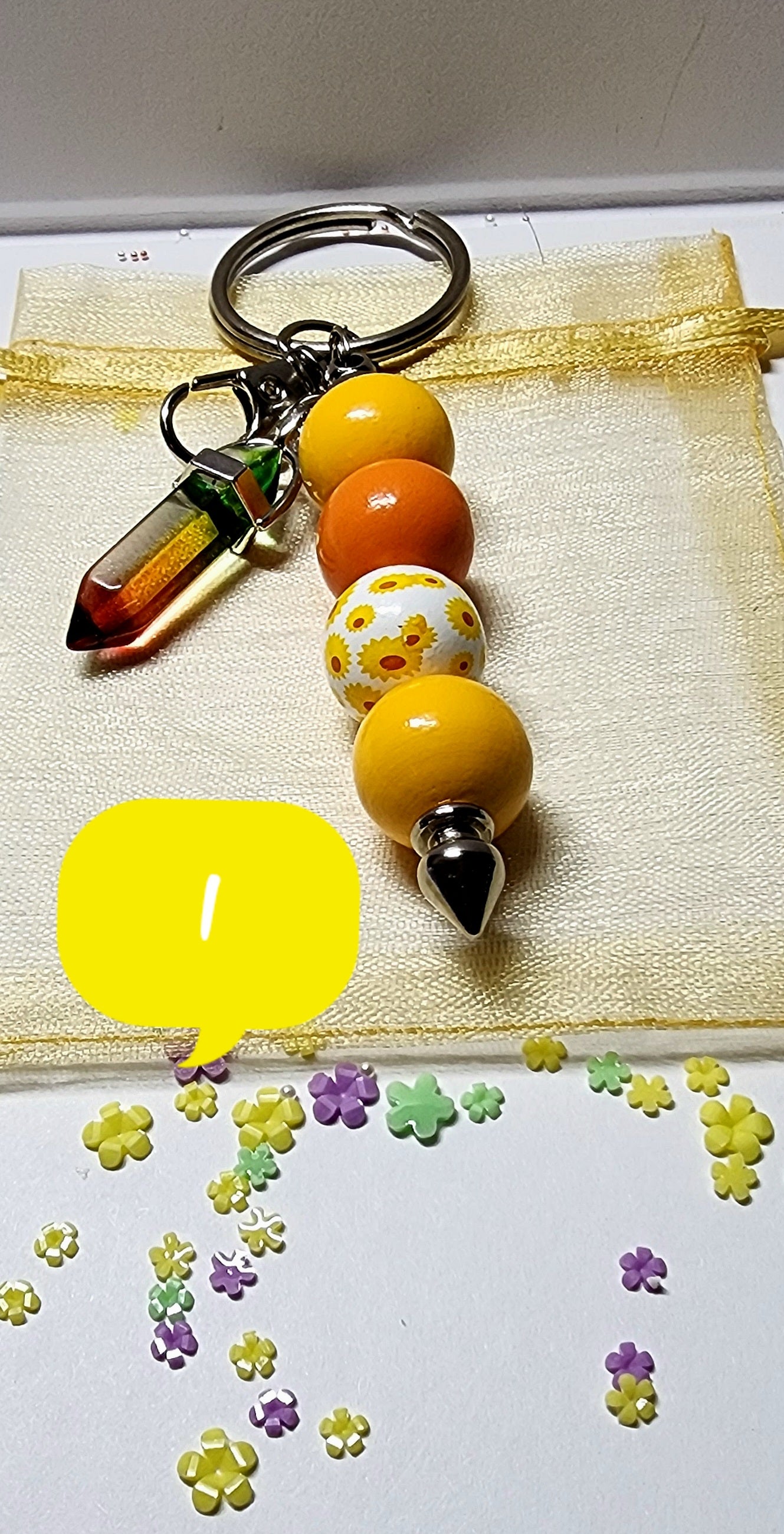 Pastel floral beaded keychain with glass accent  crystal