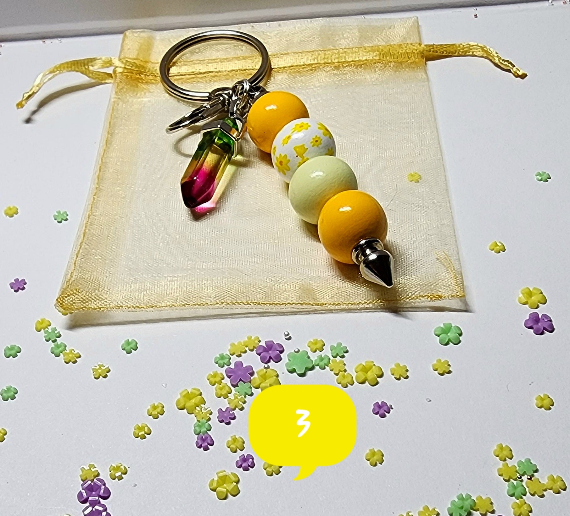 Pastel floral beaded keychain with glass accent  crystal