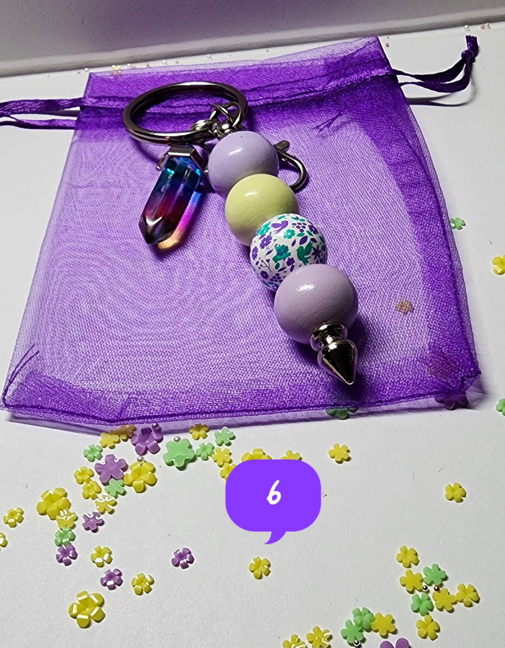 Pastel floral beaded keychain with glass accent  crystal