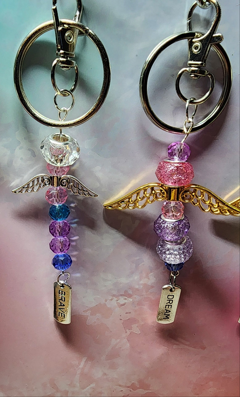 European glass beaded keychain, angel wings, sloth, turtle, sunflower charms, inspiration charm.