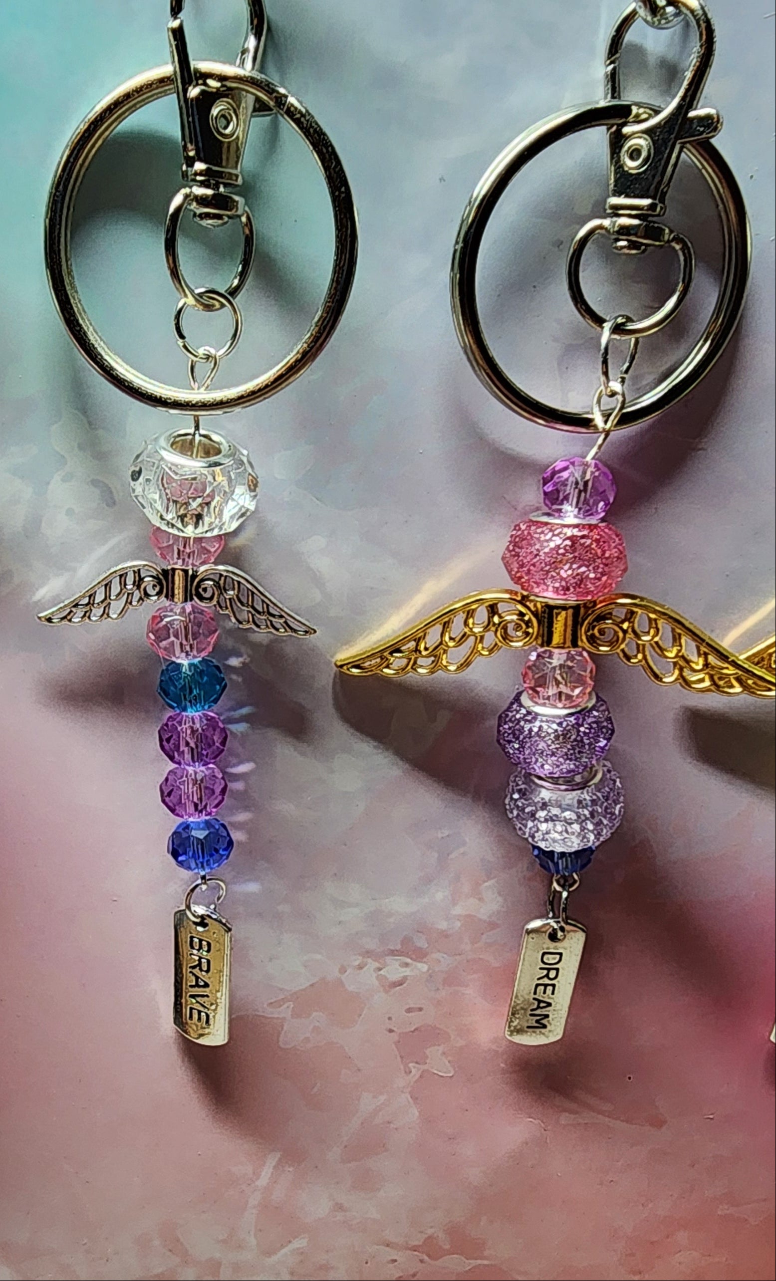 European glass beaded keychain, angel wings, sloth, turtle, sunflower charms, inspiration charm.