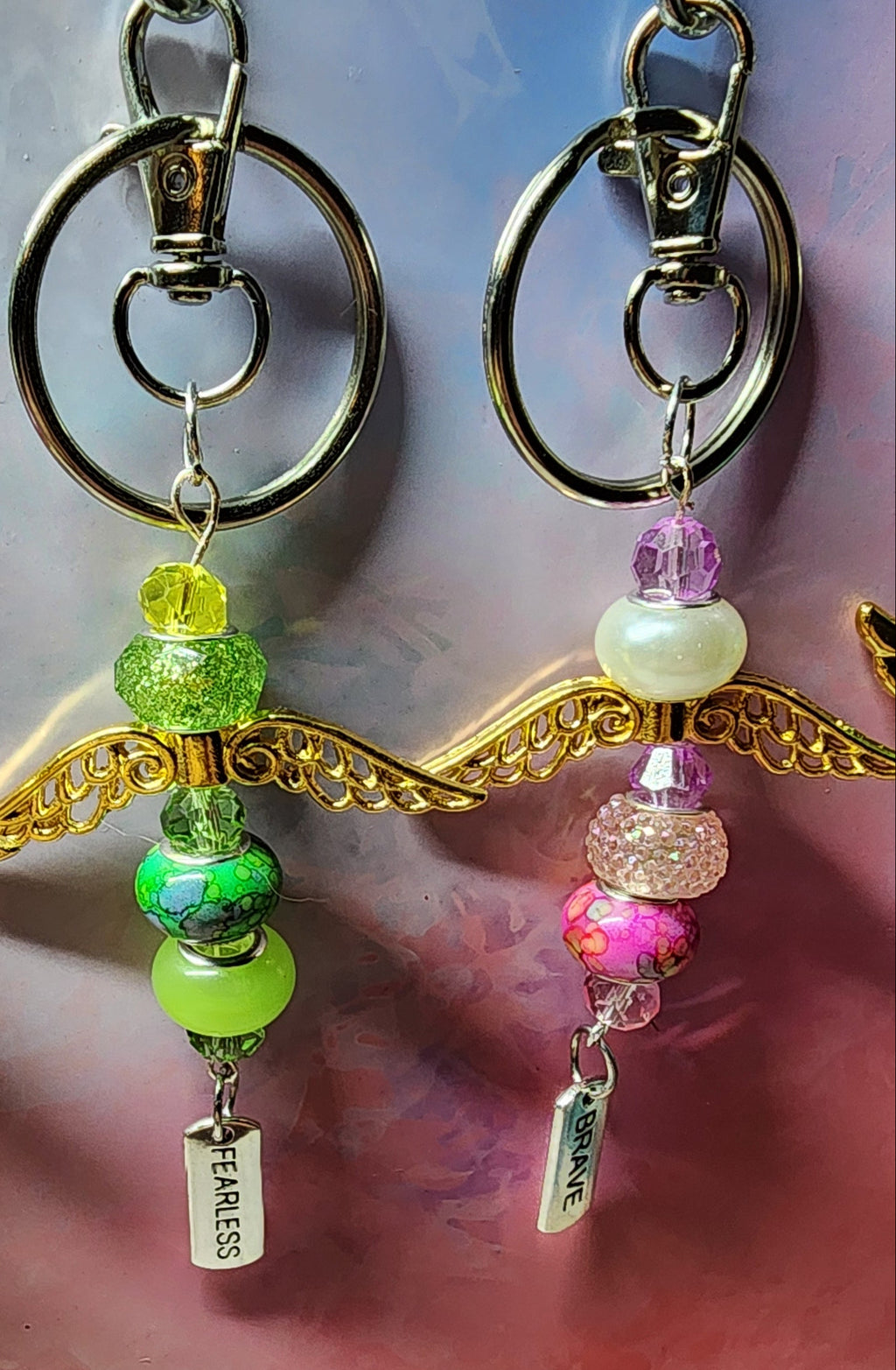 European glass beaded keychain, angel wings, sloth, turtle, sunflower charms, inspiration charm.