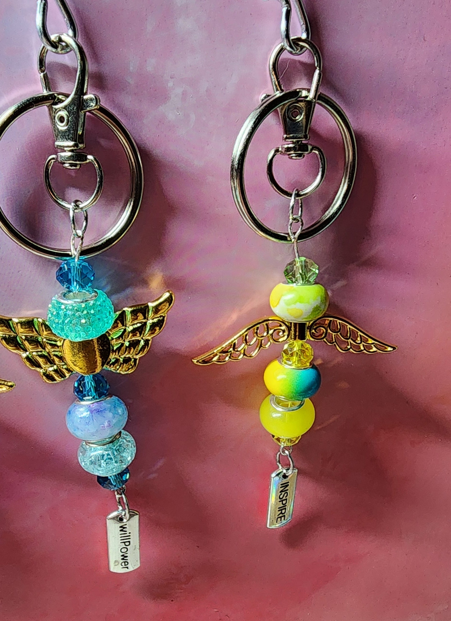 European glass beaded keychain, angel wings, sloth, turtle, sunflower charms, inspiration charm.
