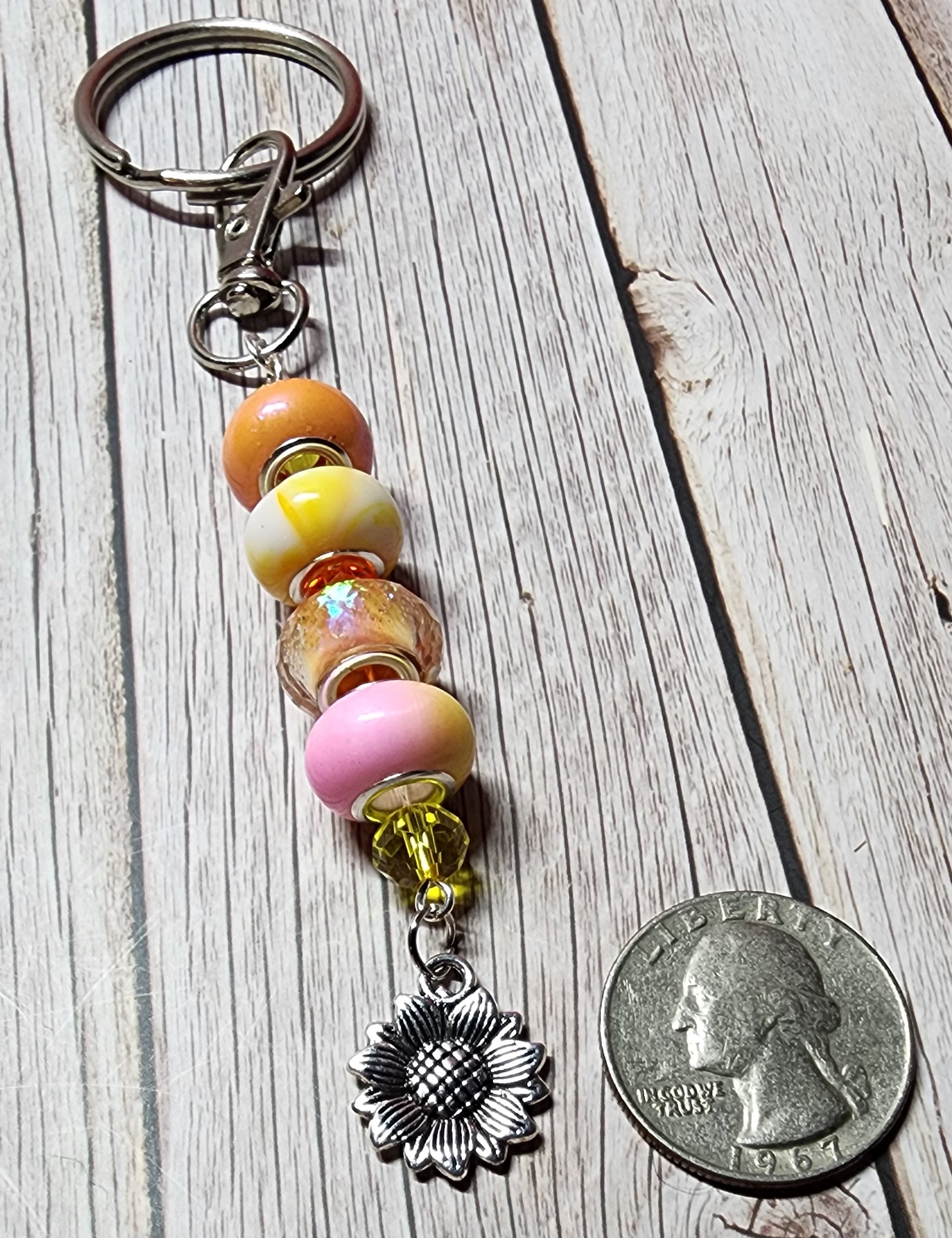 European glass beaded keychain, angel wings, sloth, turtle, sunflower charms, inspiration charm.