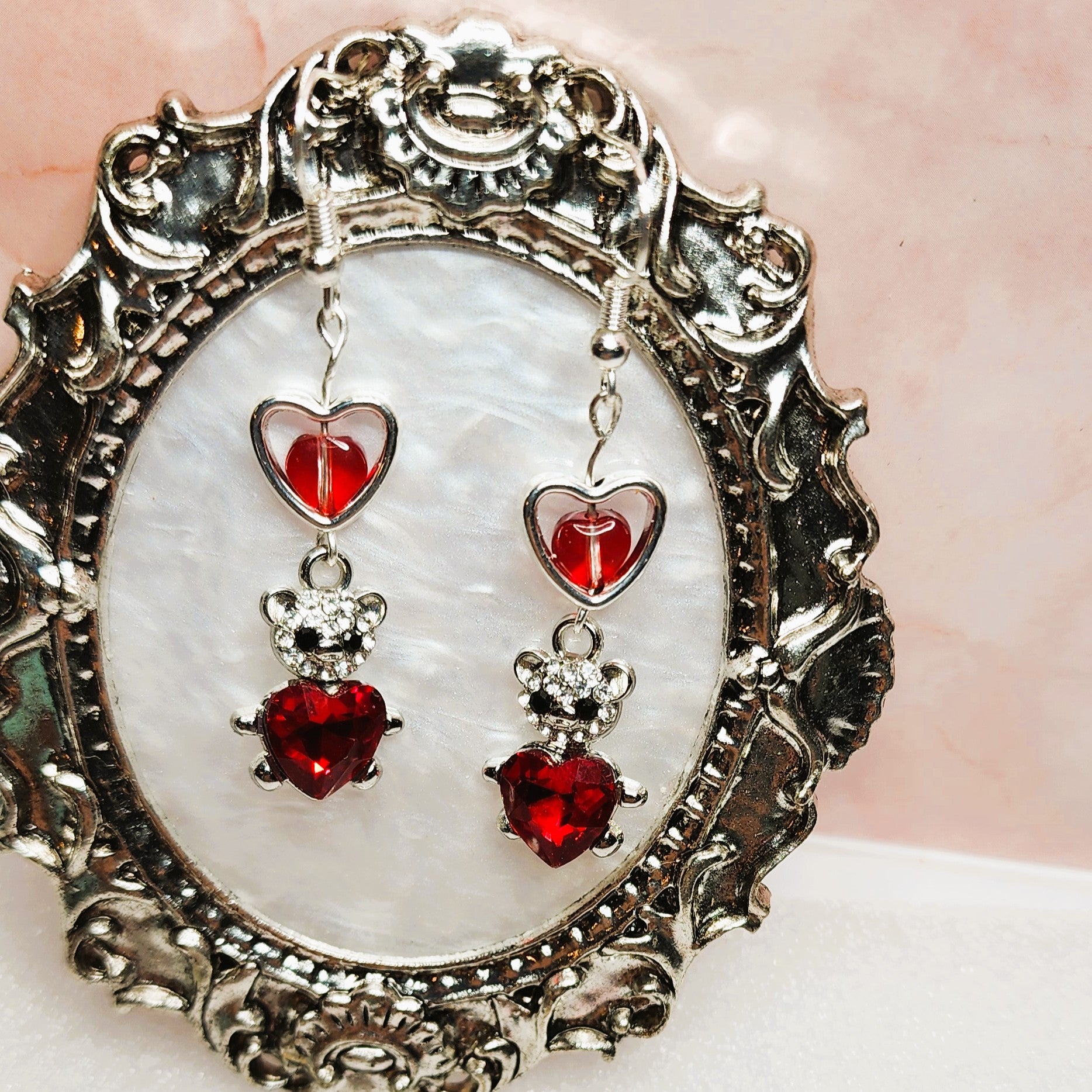 Valentines Dangle Earrings with Silver-colored Teddy Bear Charm