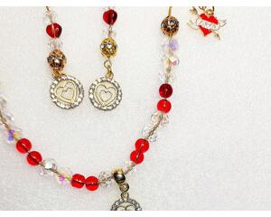 Valentines Day necklace and earring set with rhinestone heart charm