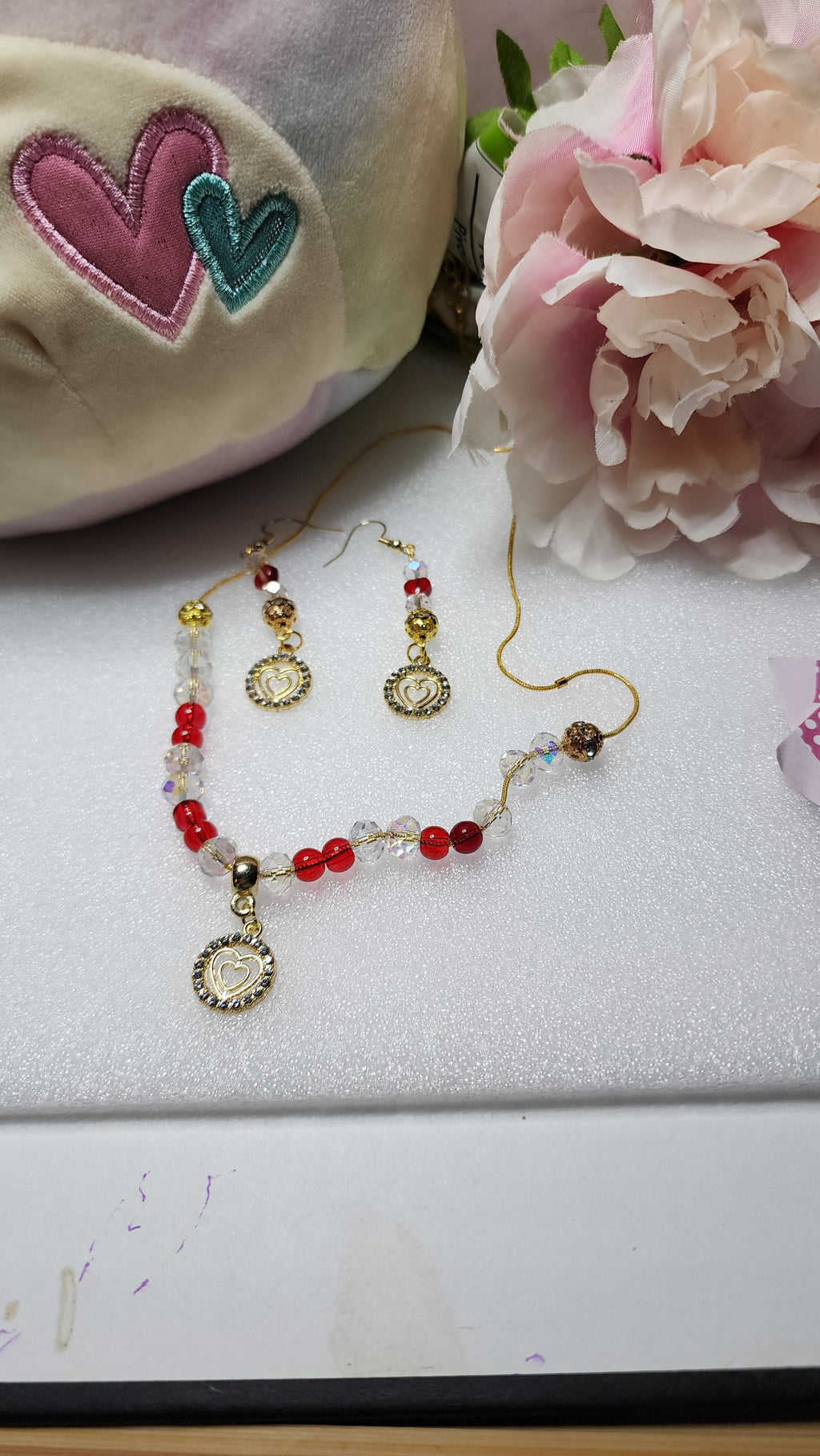 Valentines Day necklace and earring set with rhinestone heart charm