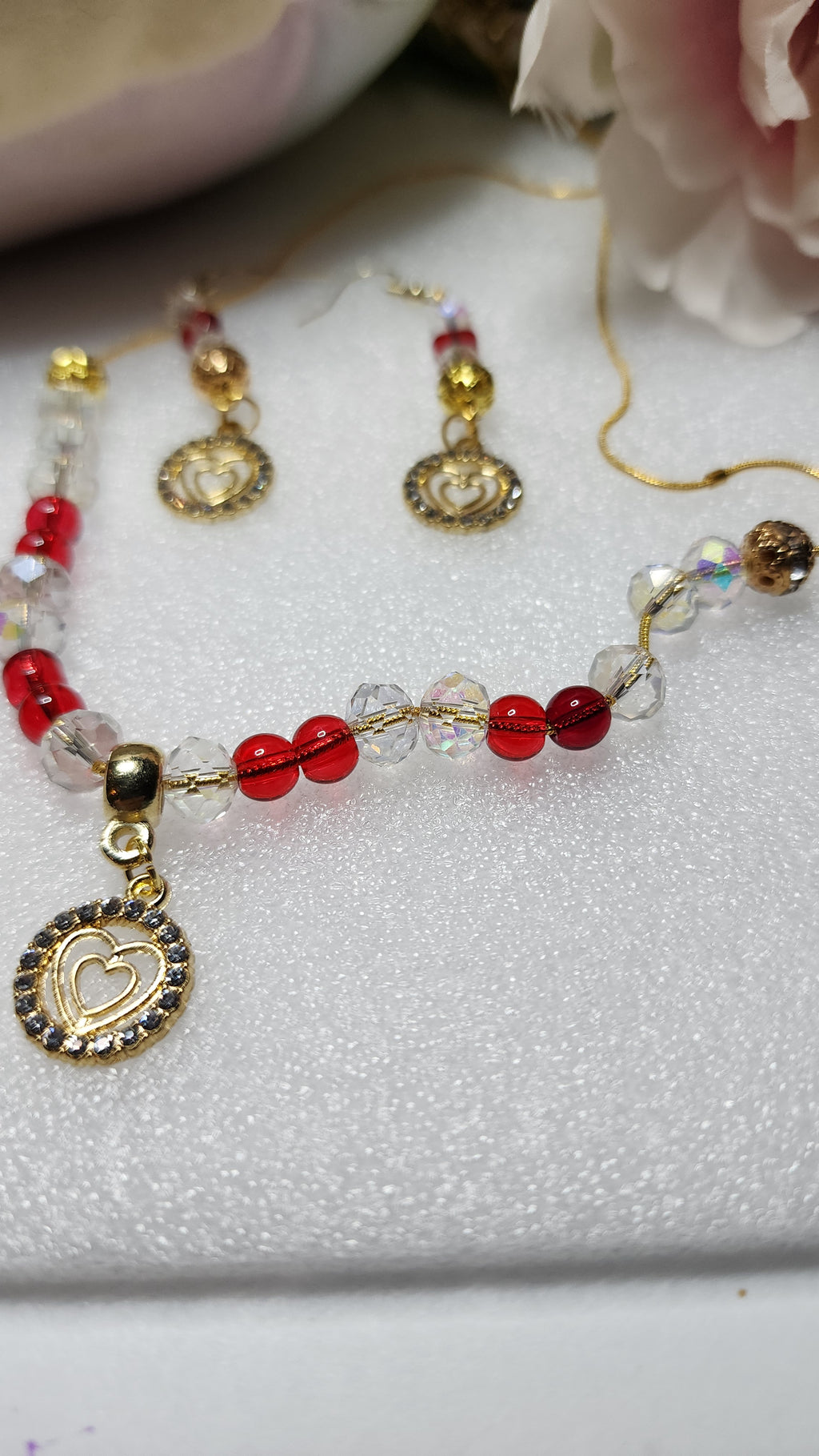 Valentines Day necklace and earring set with rhinestone heart charm