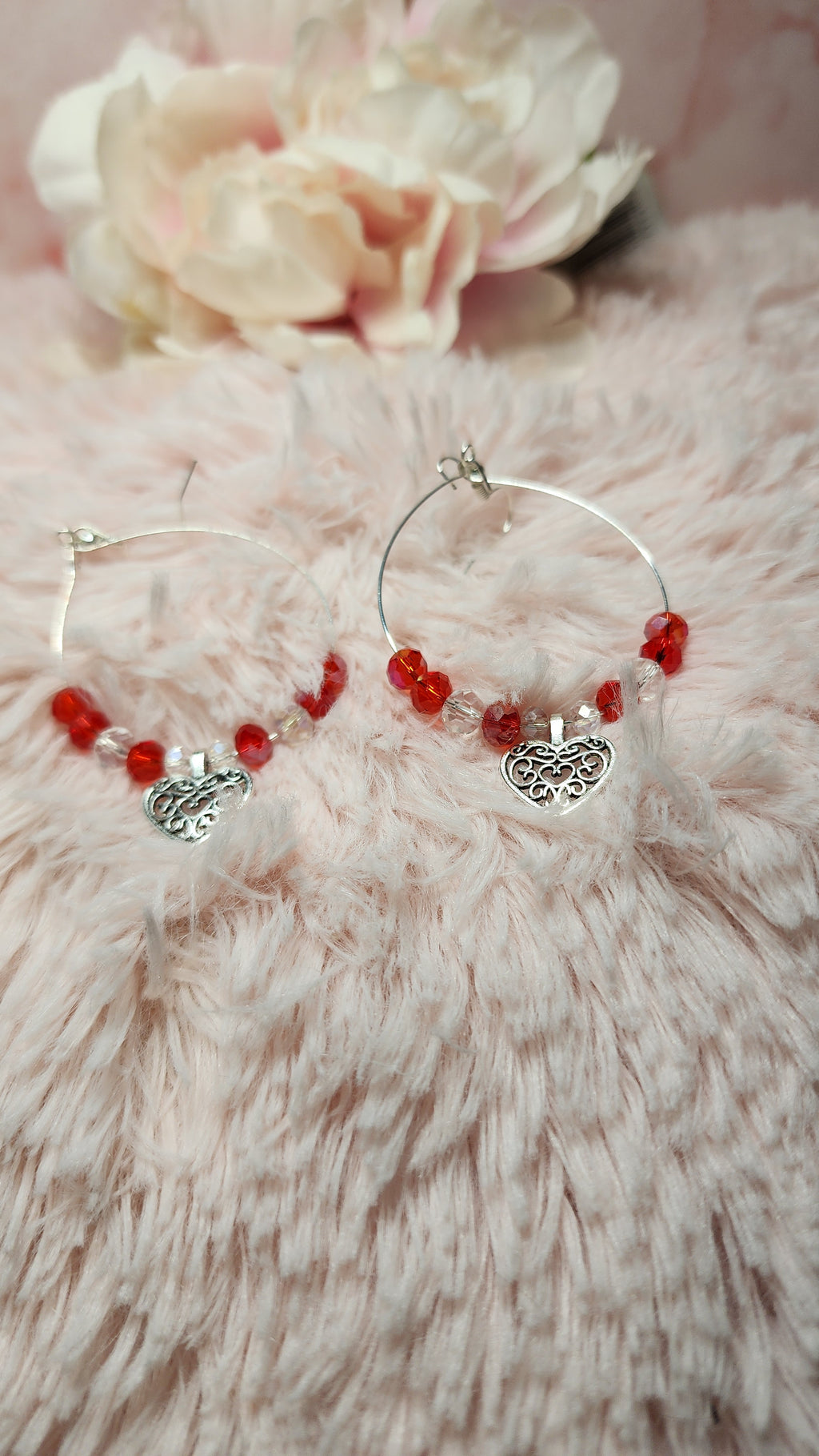 Valentines Day memory wire earrings with red glass beads and heart charm