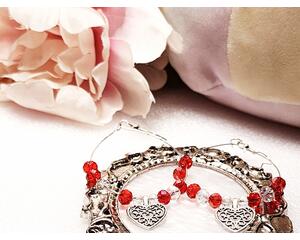 Valentines Day memory wire earrings with red glass beads and heart charm