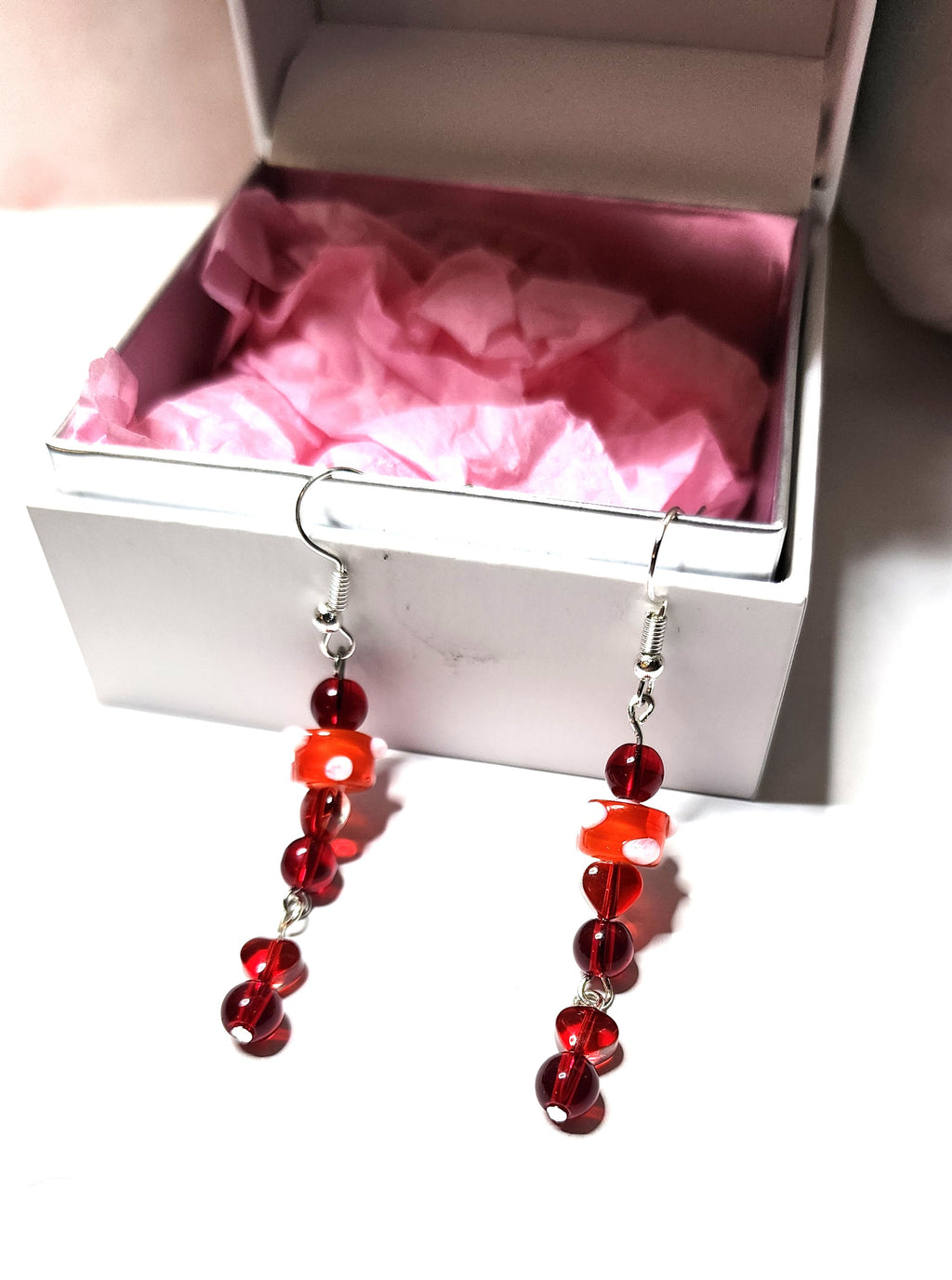 Handcrafted red glass beaded dangle earrings for Valentines Day