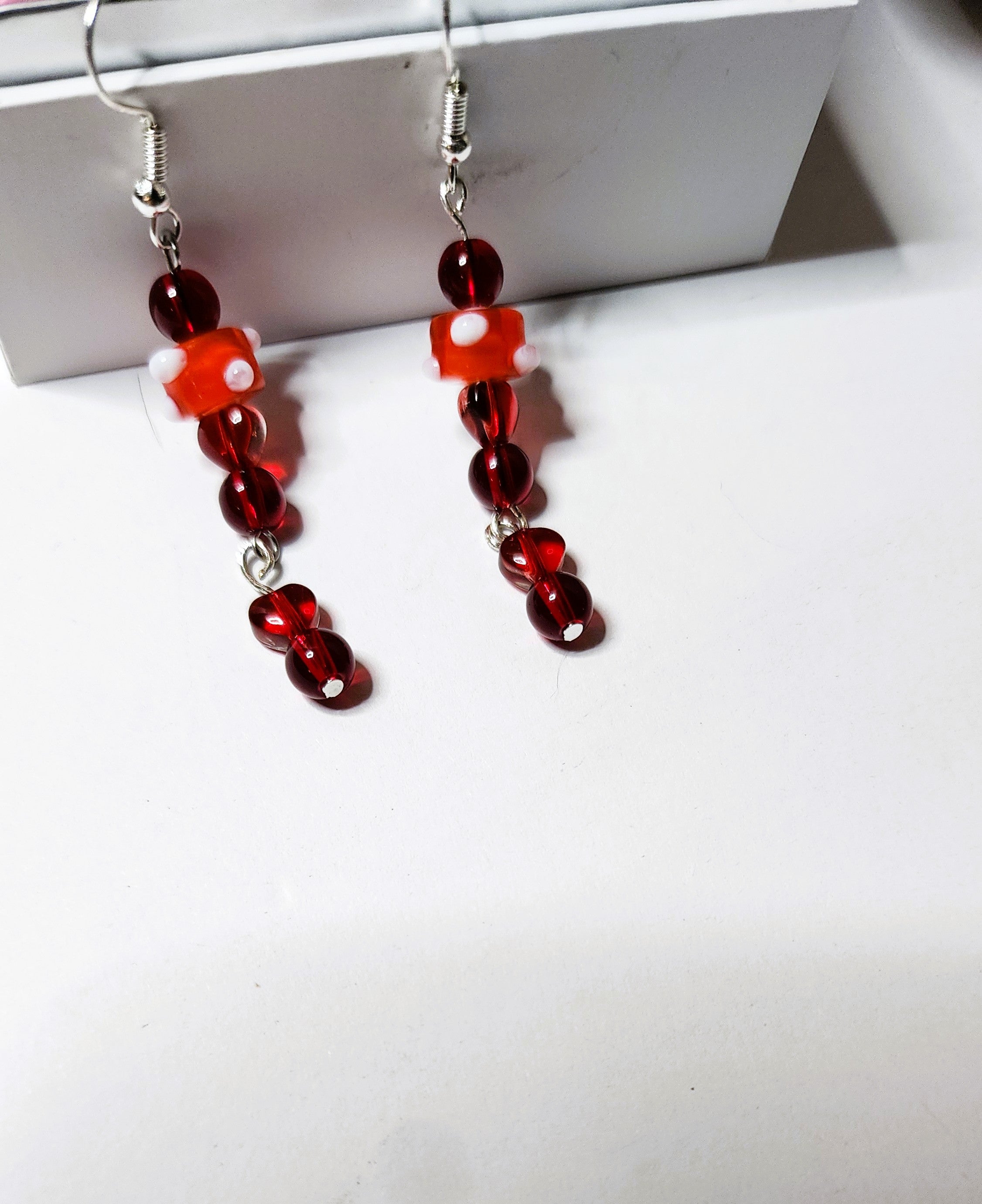 Handcrafted red glass beaded dangle earrings for Valentines Day