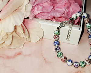Handmade Porcelain Bead Bracelet with Floral Design - Lobster Clasp Closure