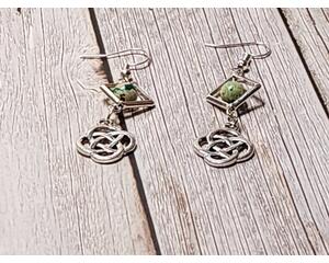 Silver St. Patricks Day drop earrings with framed green Jasper gemstone beads and silver accents