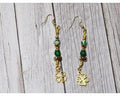 Handmade Green Jasper beaded St. Patricks Day dangle earrings with gold accents