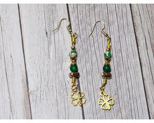 Handmade Green Jasper beaded St. Patricks Day dangle earrings with gold accents