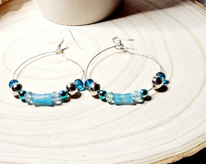 Stunning Memory Wire Hoop earrings with Mermaid glass or Hematite beads, silver accents