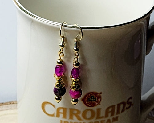 Dainty gemstone dangle earrings with dual sided gold tone bead caps