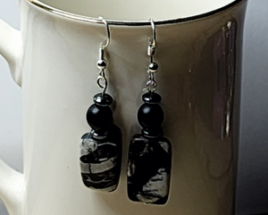 Handmade Black and White Jadeite Earrings with Onyx and Hematite Accents