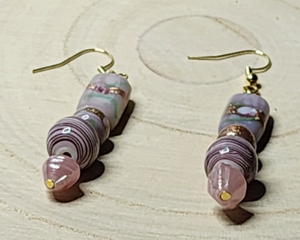 Handmade rectangular  purple glass dangle earrings with gold sparkle accents