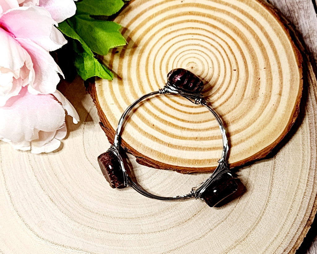 Handmade Stackable Wire Wrapped Bangle Bracelets with Glass & Gemstone Beads - Copper, Silver, Gold Tone