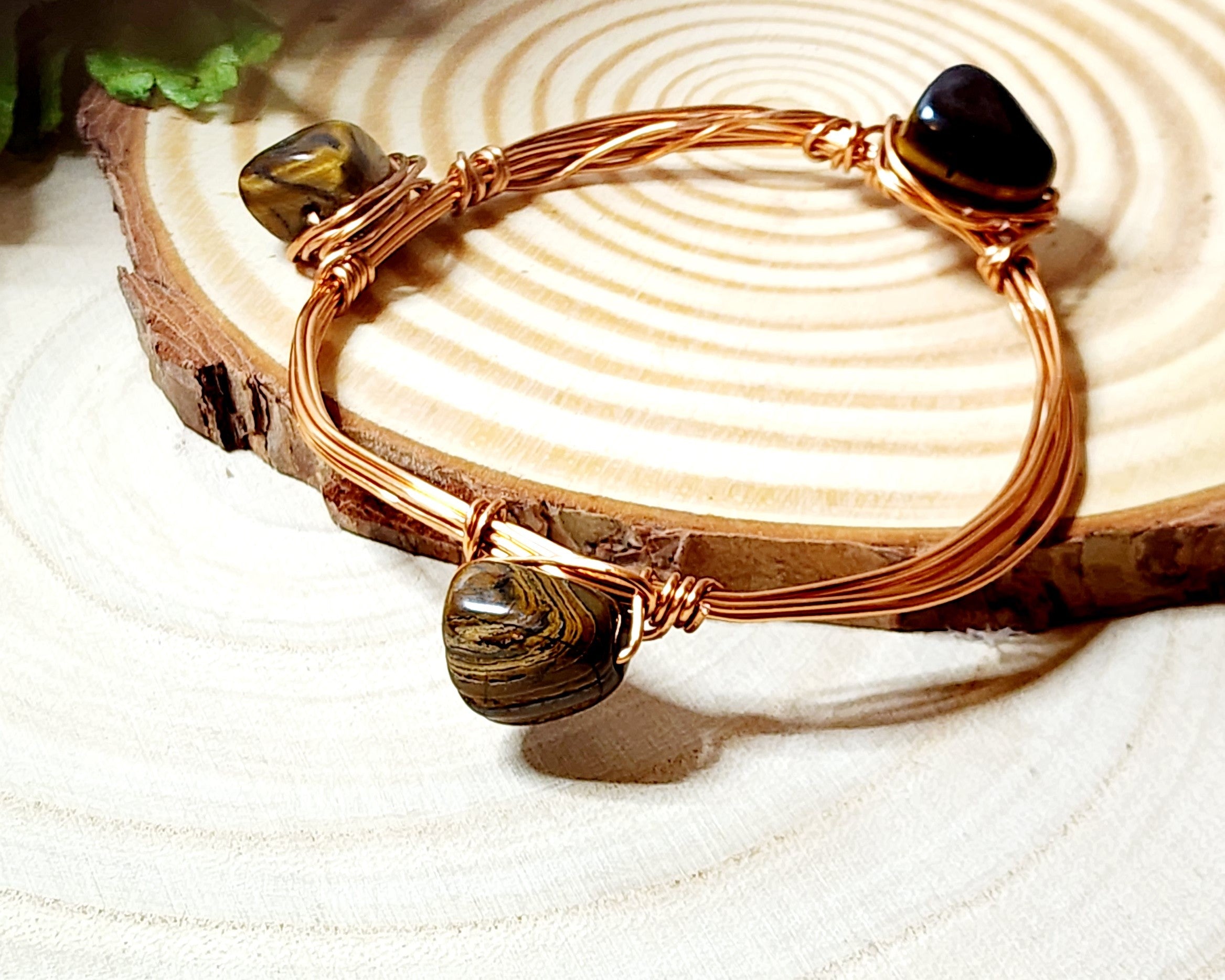 Handmade Stackable Wire Wrapped Bangle Bracelets with Glass & Gemstone Beads - Copper, Silver, Gold Tone