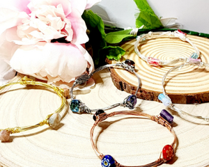 Handmade Stackable Wire Wrapped Bangle Bracelets with Glass & Gemstone Beads - Copper, Silver, Gold Tone