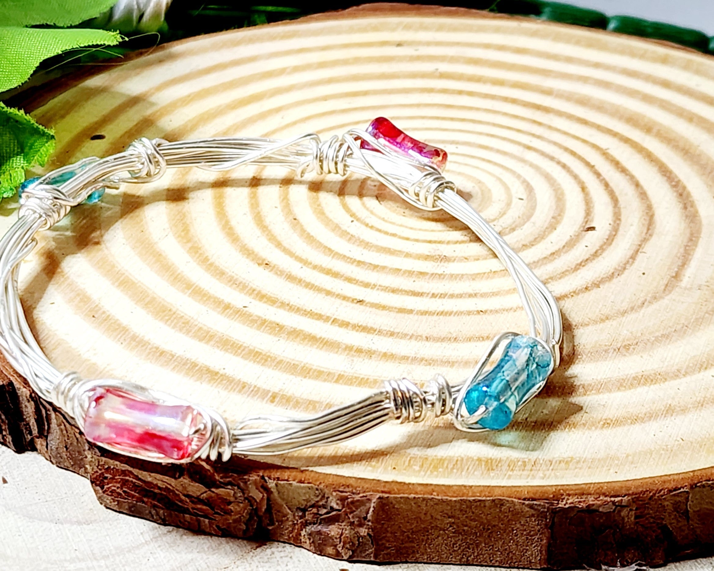 Handmade Stackable Wire Wrapped Bangle Bracelets with Glass & Gemstone Beads - Copper, Silver, Gold Tone