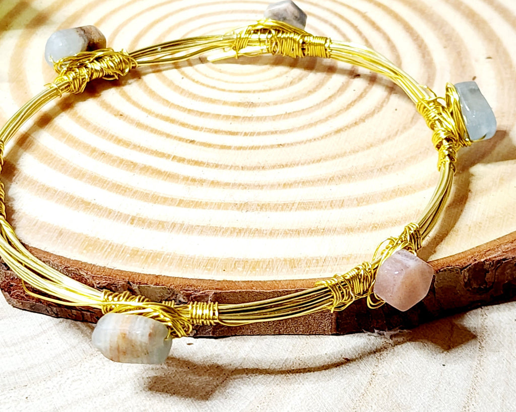 Handmade Stackable Wire Wrapped Bangle Bracelets with Glass & Gemstone Beads - Copper, Silver, Gold Tone
