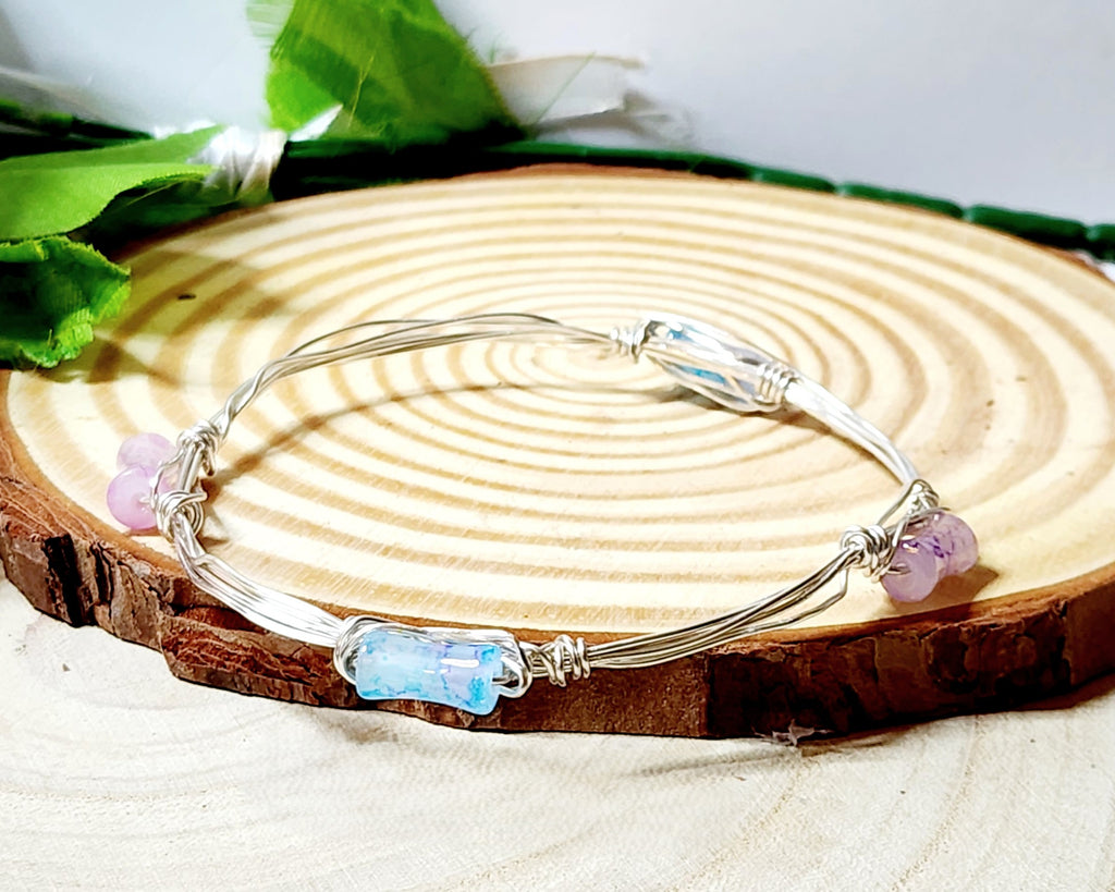 Handmade Stackable Wire Wrapped Bangle Bracelets with Glass & Gemstone Beads - Copper, Silver, Gold Tone