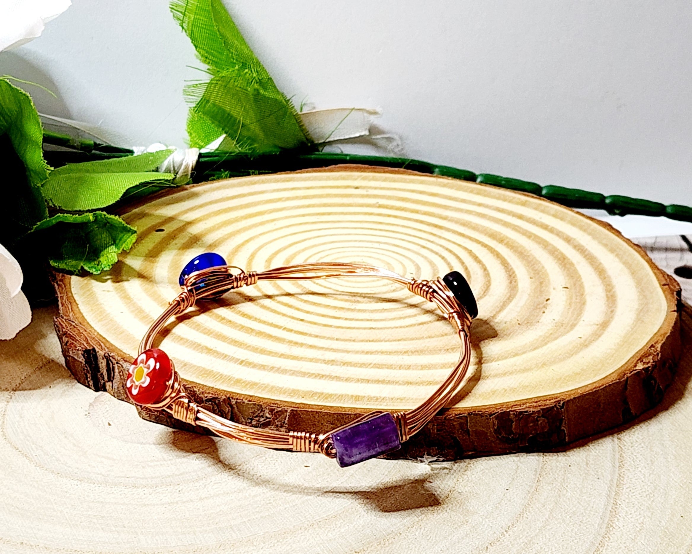 Handmade Stackable Wire Wrapped Bangle Bracelets with Glass & Gemstone Beads - Copper, Silver, Gold Tone