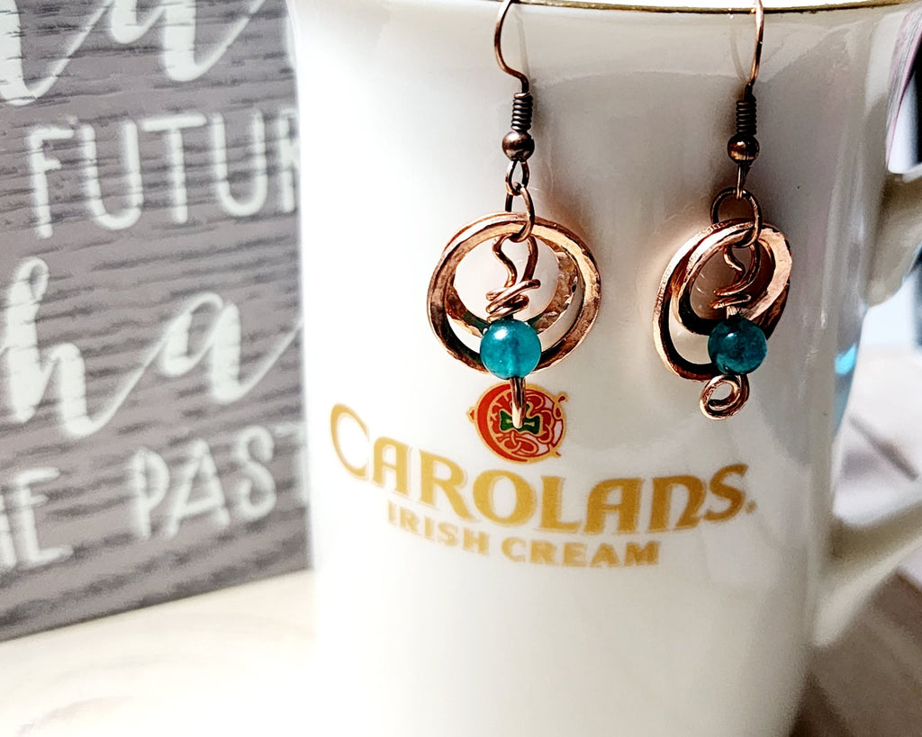 Handmade Hammered Copper Washer Earrings with Blue Chalcedony Bead or Pinecone Embellishment