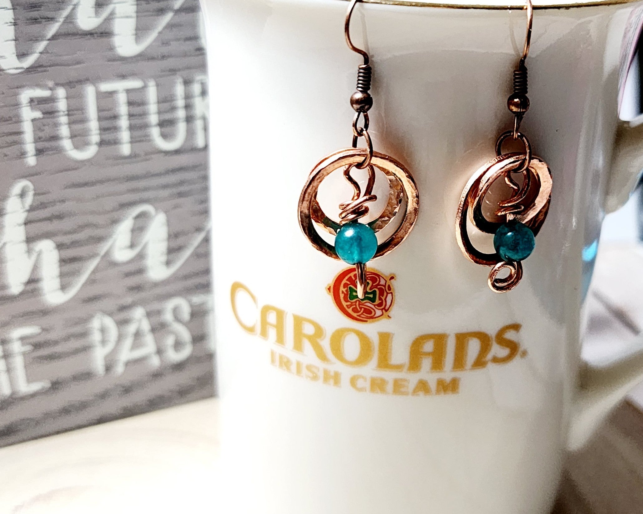 Handmade Hammered Copper Washer Earrings with Blue Chalcedony Bead or Pinecone Embellishment
