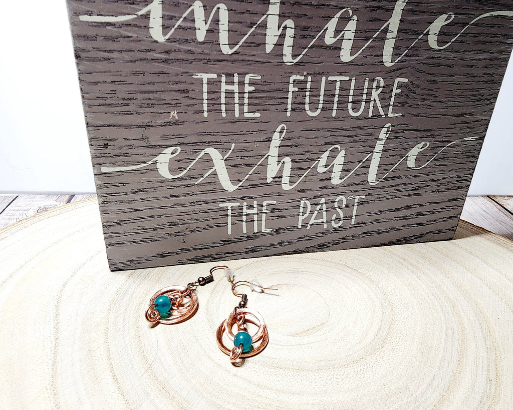 Handmade Hammered Copper Washer Earrings with Blue Chalcedony Bead or Pinecone Embellishment