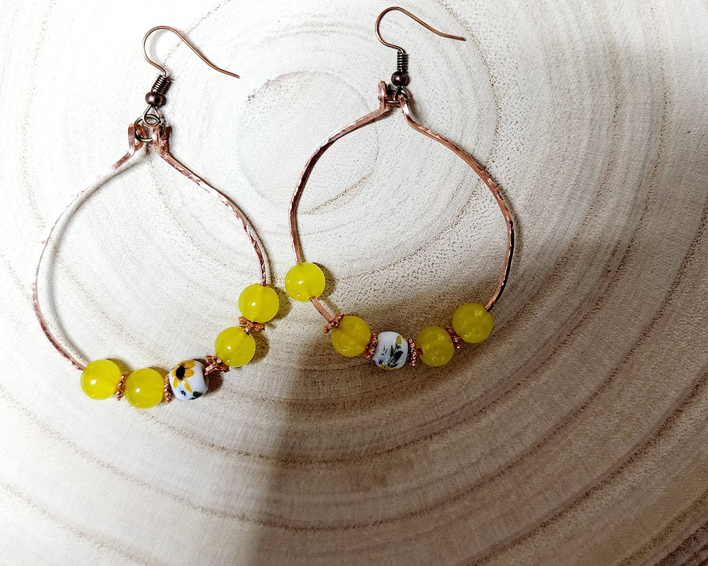 Handcrafted spring themed copper hoop earrings