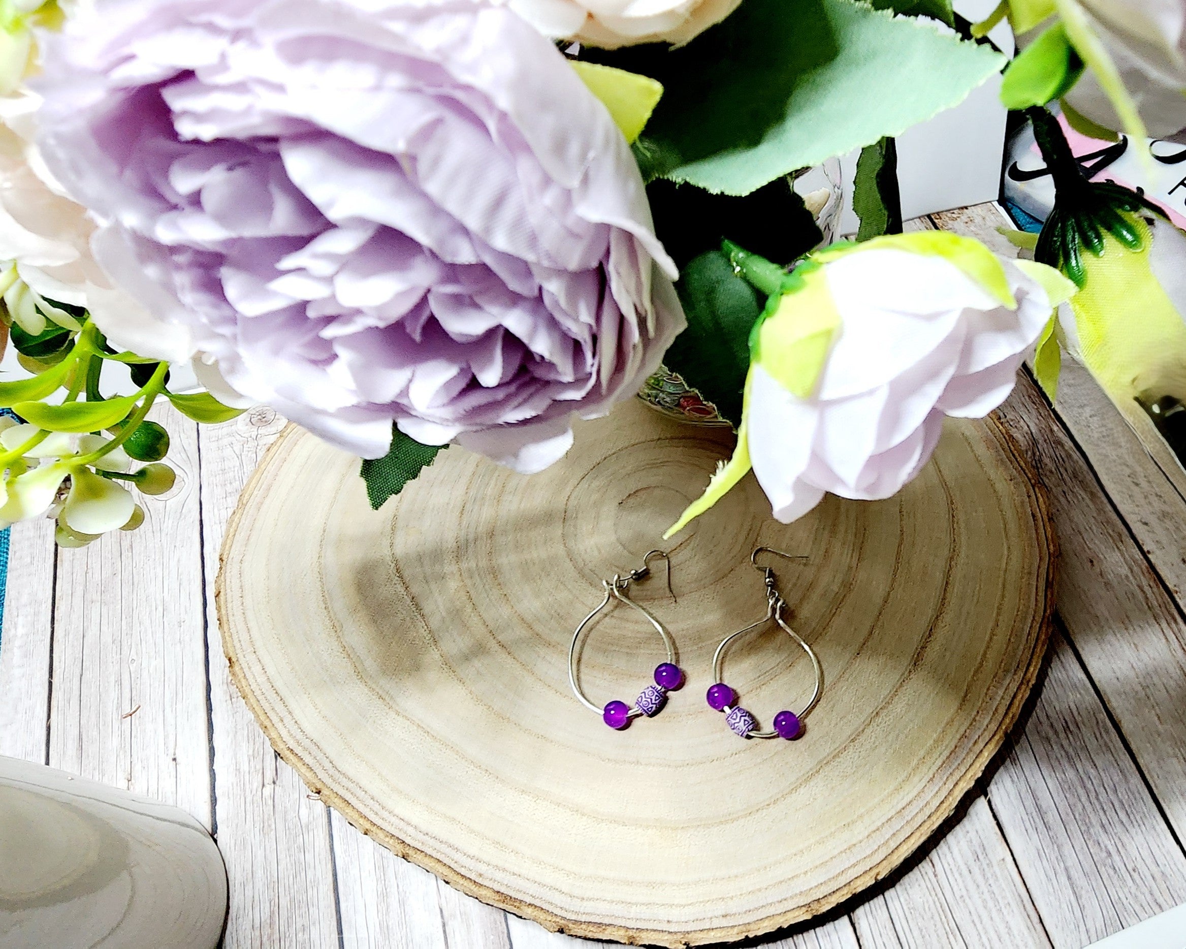 Handcrafted spring themed copper hoop earrings