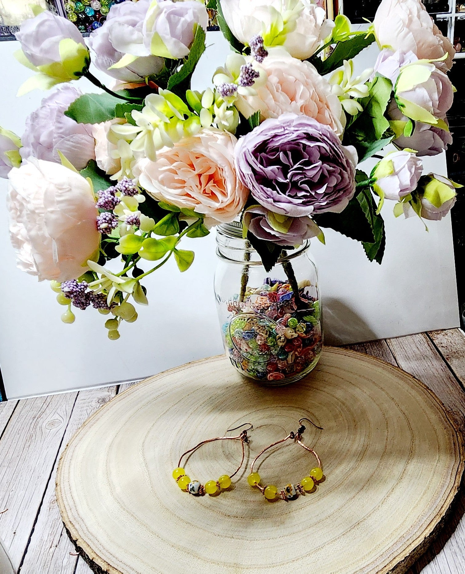 Handcrafted spring themed copper hoop earrings