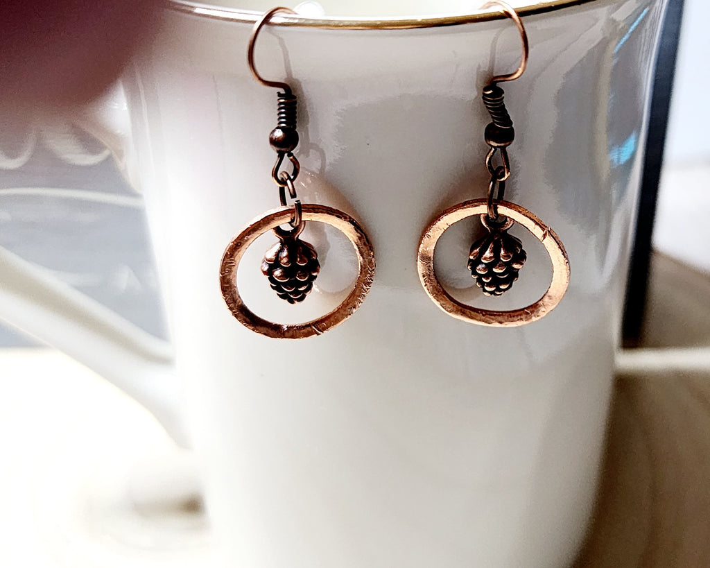 Handmade Hammered Copper Washer Earrings with Blue Chalcedony Bead or Pinecone Embellishment