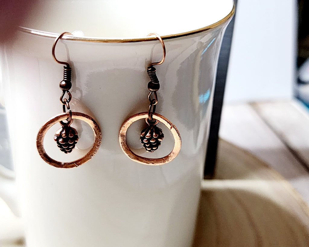 Handmade Hammered Copper Washer Earrings with Blue Chalcedony Bead or Pinecone Embellishment