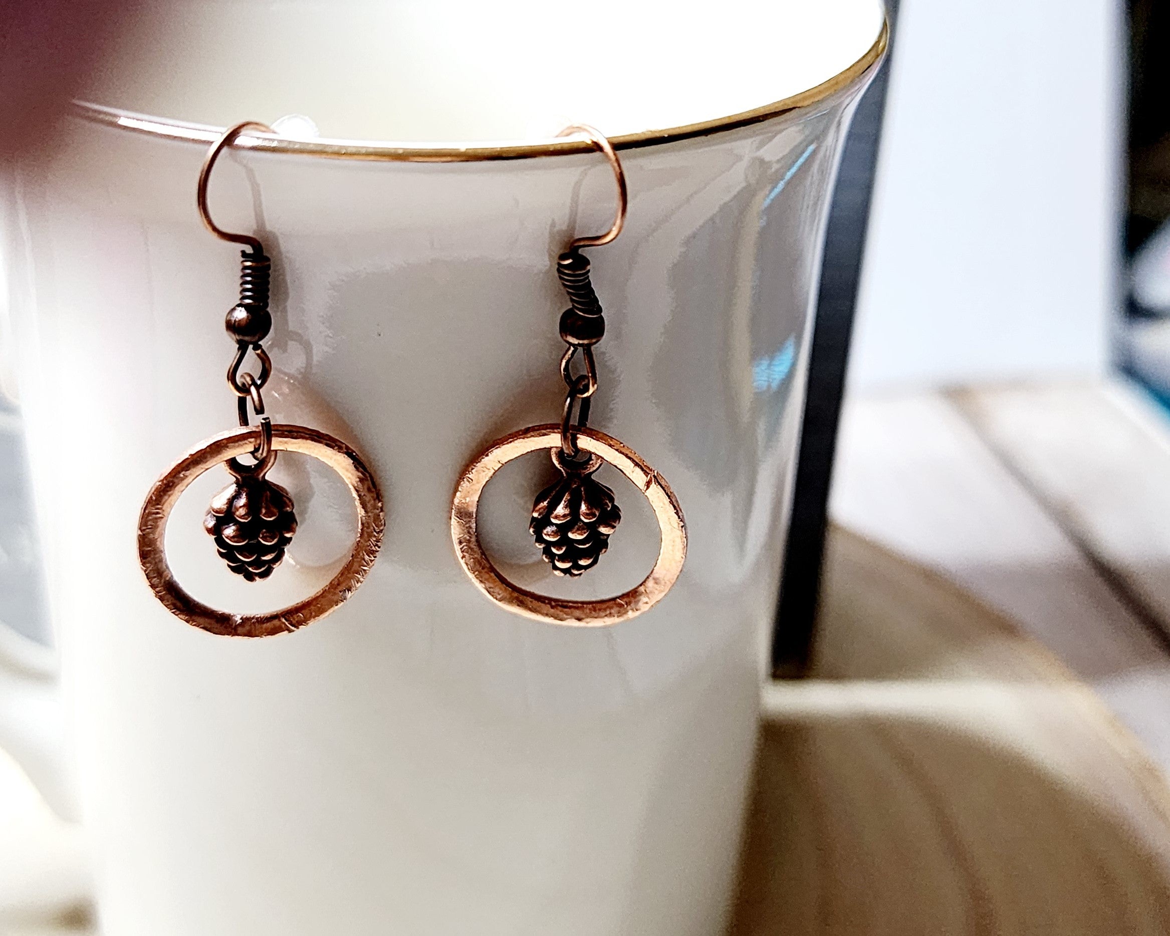 Handmade Hammered Copper Washer Earrings with Blue Chalcedony Bead or Pinecone Embellishment