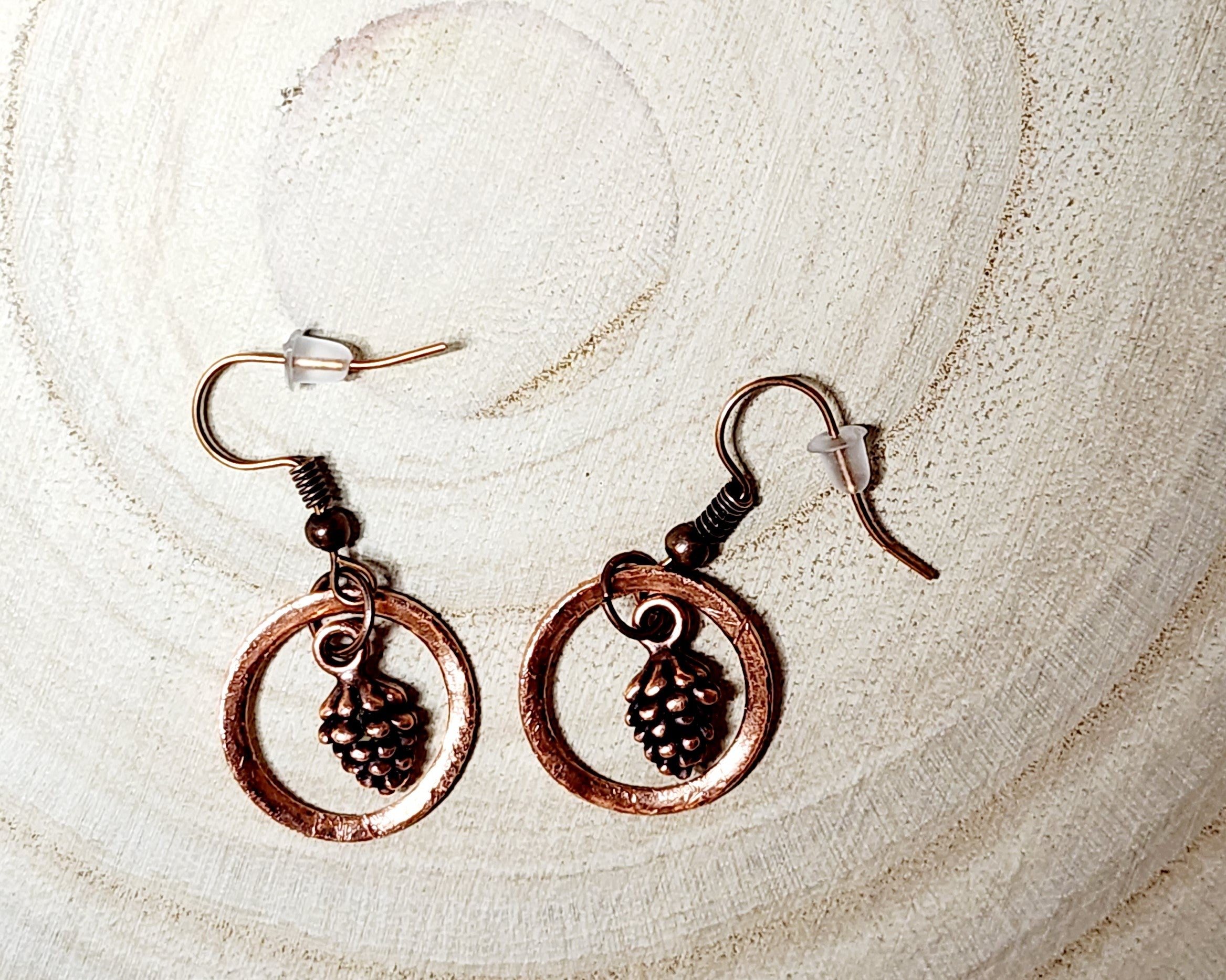 Handmade Hammered Copper Washer Earrings with Blue Chalcedony Bead or Pinecone Embellishment