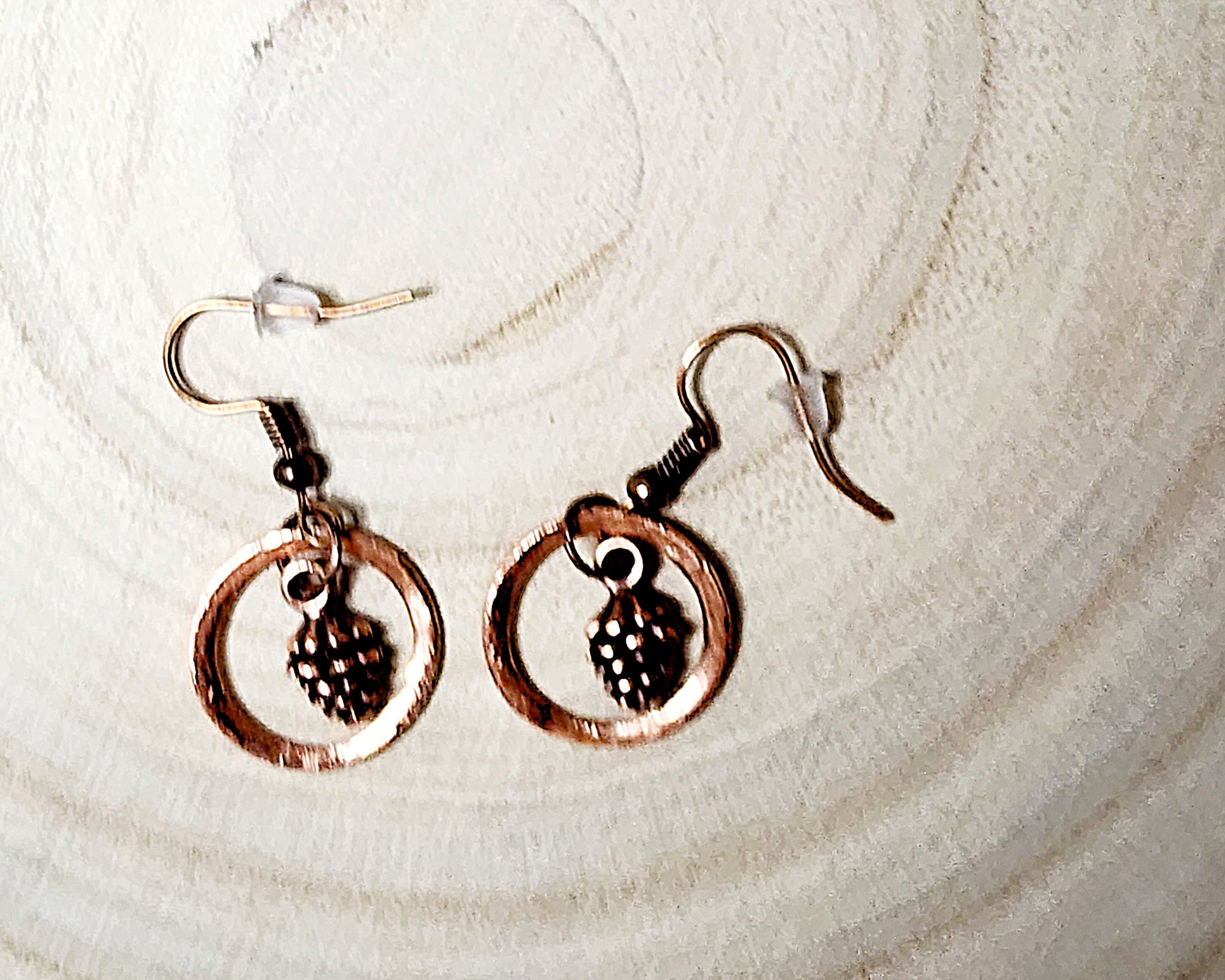 Handmade Hammered Copper Washer Earrings with Blue Chalcedony Bead or Pinecone Embellishment