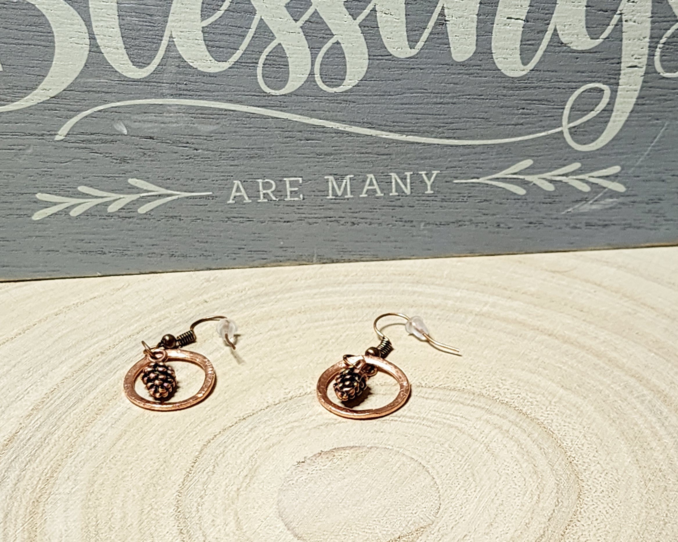 Handmade Hammered Copper Washer Earrings with Blue Chalcedony Bead or Pinecone Embellishment