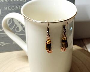 Handcrafted Tiger Eye Cylinder Bead Drop Earrings with Amber Bead and Copper Wire Swirl