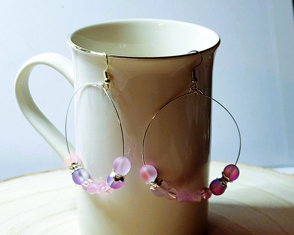 Stunning Memory Wire Hoop earrings with Mermaid glass or Hematite beads, silver accents