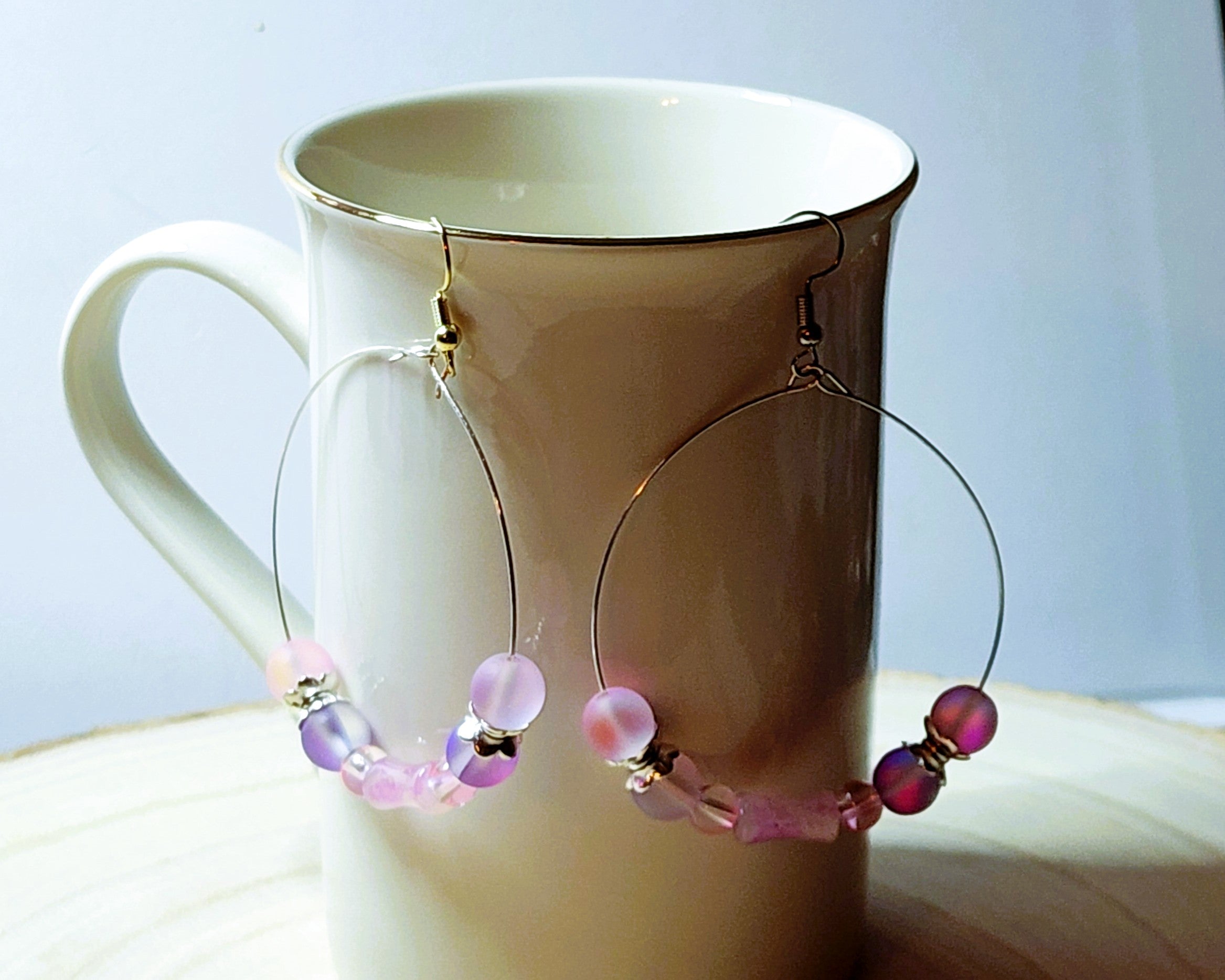 Stunning Memory Wire Hoop earrings with Mermaid glass or Hematite beads, silver accents