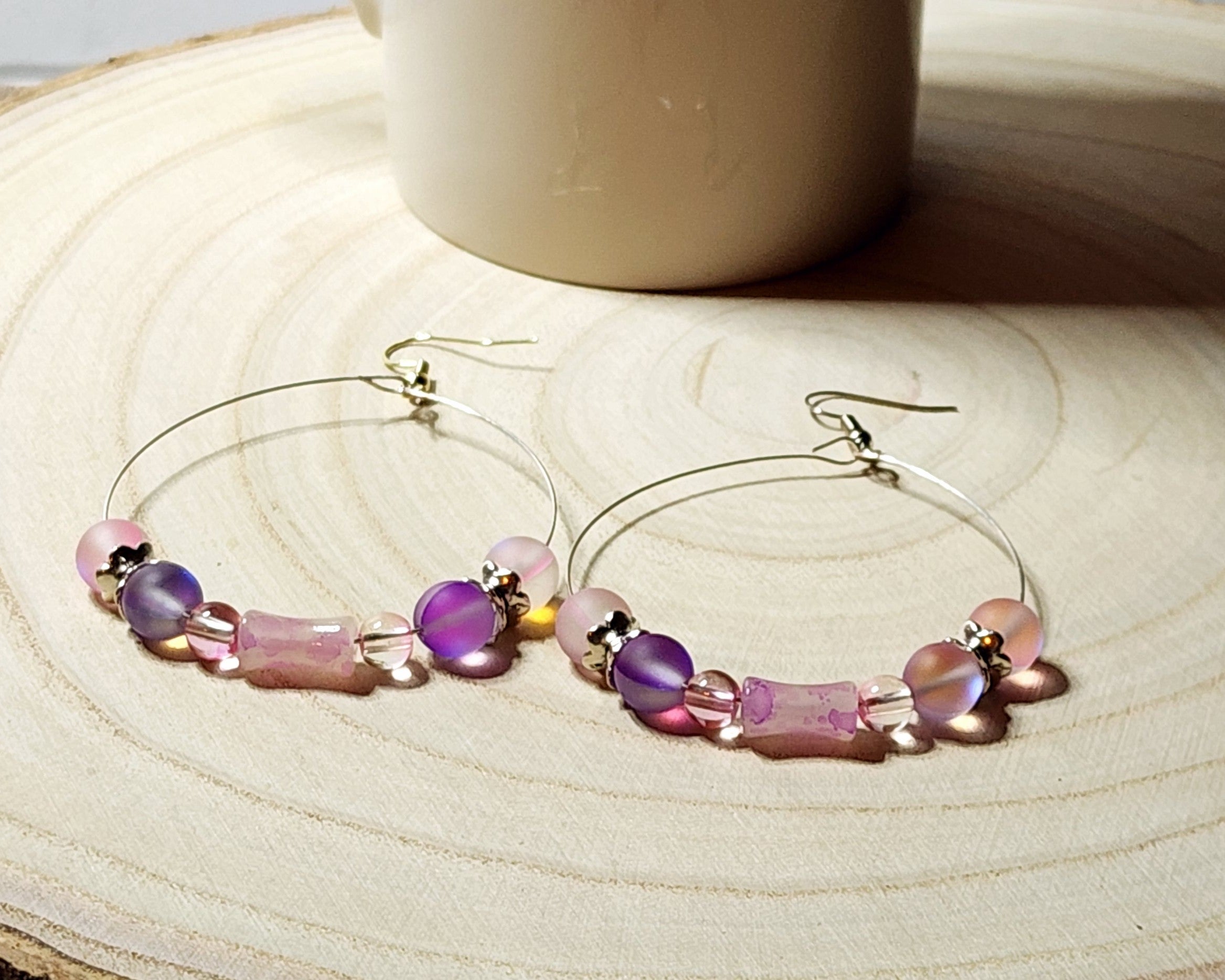 Stunning Memory Wire Hoop earrings with Mermaid glass or Hematite beads, silver accents